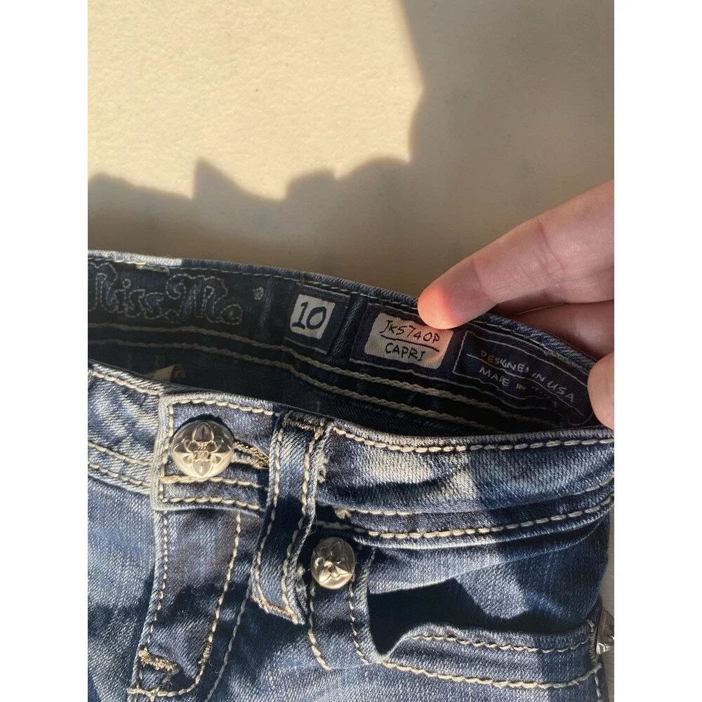Miss Me Girls Denim Capri Jeans Size 10 Winged Flap Pocket Rhinestone JK5740P